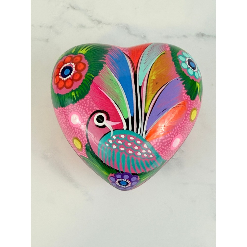 Hand Painted Mexican Terracotta Heart Shaped 4" Lidded Trinket Dish Pink Floral